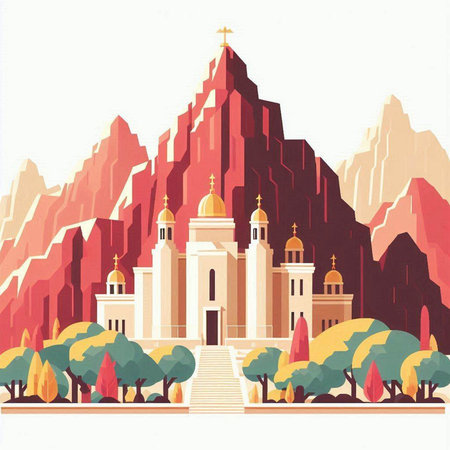 Church in the mountains. Illustration in retro style on white background.のイラスト素材