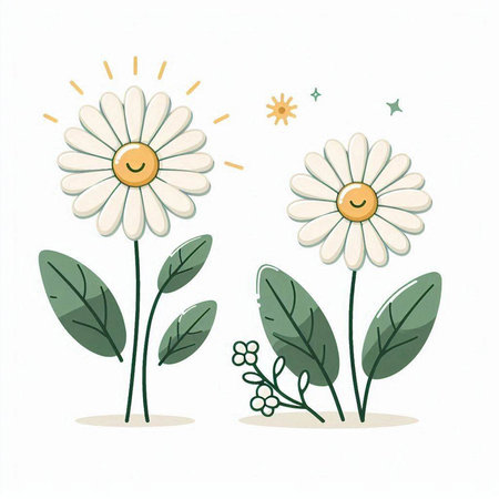 Vector illustration of two daisies with green leaves and sun.のイラスト素材