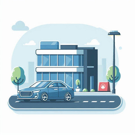 Modern office building with skyscrapers and street. Vector illustration.のイラスト素材