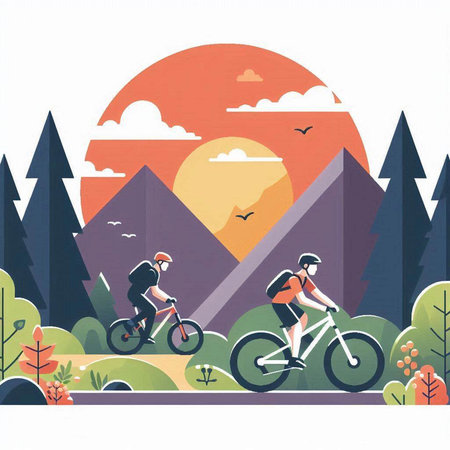 Bicyclists in the mountains. Flat design vector illustration.のイラスト素材
