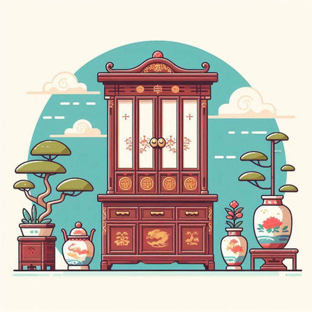 Vintage cabinet with flowers and plants. Vector illustration in retro style.のイラスト素材