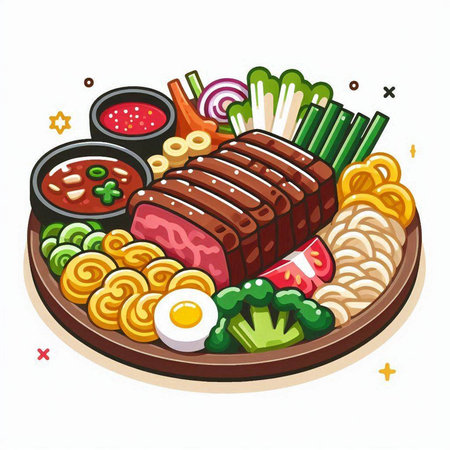 Illustration of a Japanese Food Dish with Beef Steak, Sushi and Vegetablesのイラスト素材