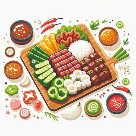 Vector illustration of japanese food on white background. Top viewのイラスト素材