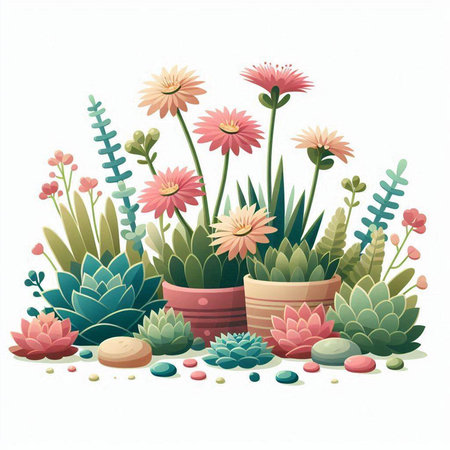 Illustration of various succulents and echeverias in potsのイラスト素材