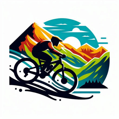 Mountain biker on the background of the mountains. Vector illustrationのイラスト素材