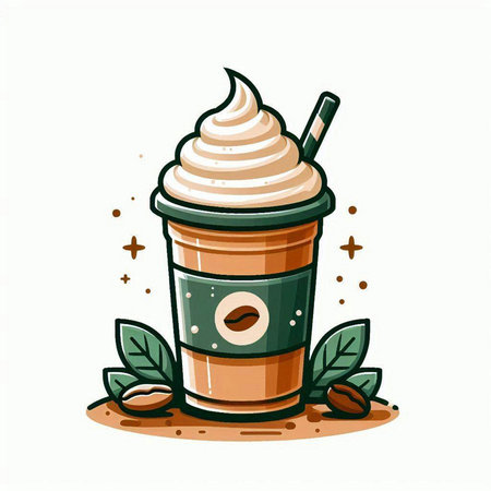 Coffee cup with whipped cream and coffee beans. Vector illustration.のイラスト素材