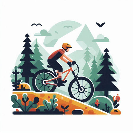 Cyclist riding bicycle in the forest. Flat vector illustration.のイラスト素材