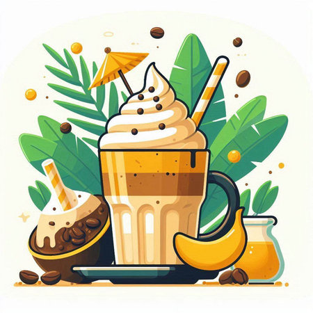 Coffee with whipped cream, banana and coffee beans. Vector illustration.のイラスト素材