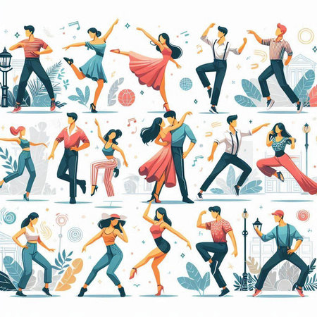 Dancing people. Set of vector illustrations in flat cartoon style.のイラスト素材