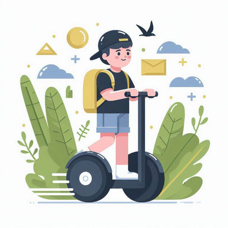 Boy riding electric scooter in the park. Flat vector illustration.のイラスト素材