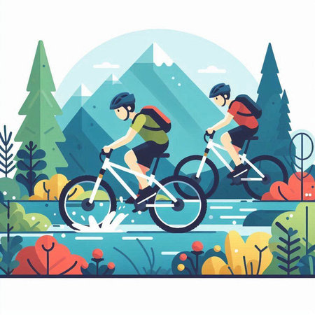 Cyclists on the road in the forest. Vector illustration.のイラスト素材