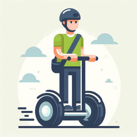 Man riding an electric scooter. Vector illustration in flat style.のイラスト素材
