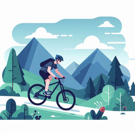 Cyclist riding bicycle in mountains. Flat style vector illustration.のイラスト素材