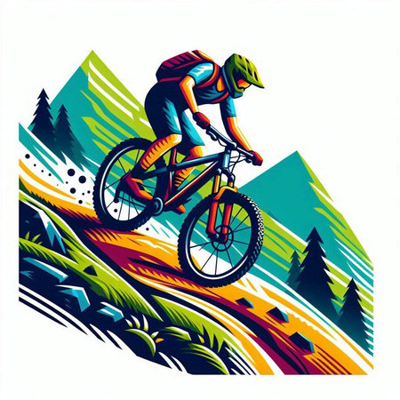 Mountain biker in the mountains. Vector illustration of a mountain biker in action.のイラスト素材