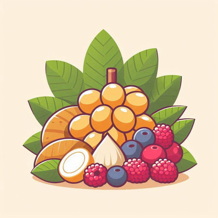 Tropical fruit vector illustration. Longan, rambutan, lychee, blueberry, bramble, raspberryのイラスト素材