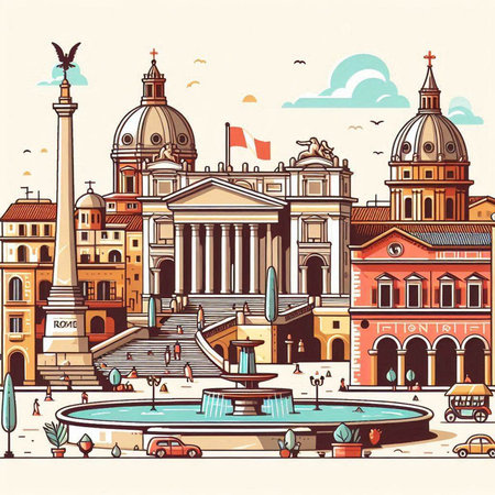 Rome Italy cityscape with famous landmarks. Vector illustration in vintage styleのイラスト素材
