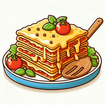 Illustration of a stack of lasagna on a plate with a wooden spoonのイラスト素材