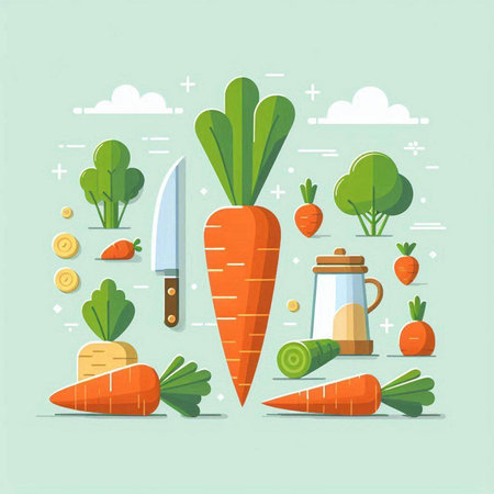 Carrot and vegetables flat vector illustration. Vegetarian food concept.のイラスト素材