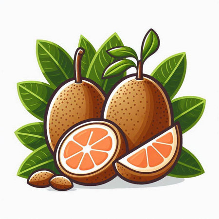 Sapodilla fruit with leaves isolated on white background. Vector illustration.のイラスト素材