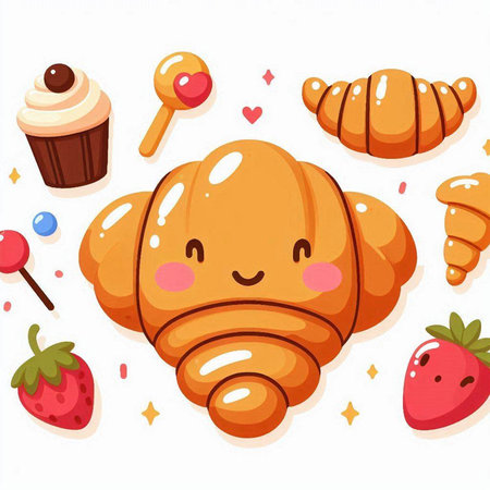 Cute cartoon croissant character with sweet dessert. Vector illustration.のイラスト素材