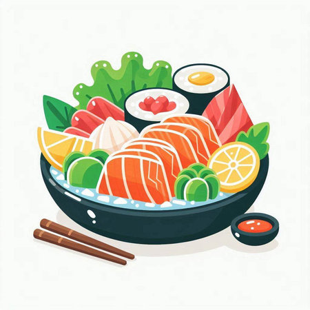 Illustration of japanese food. Sashimi, sashimi, sashimi, sushi and rolls in a bowl.のイラスト素材