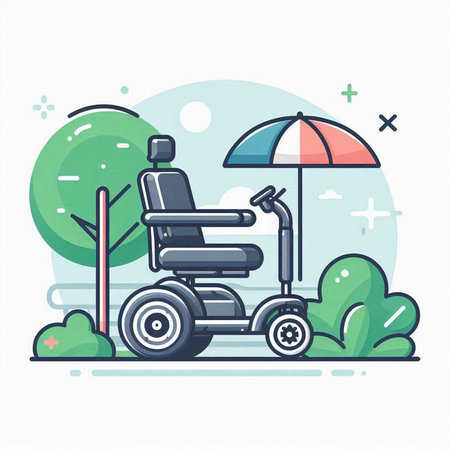 Wheelchair and umbrella in the park. Flat design vector illustration.のイラスト素材