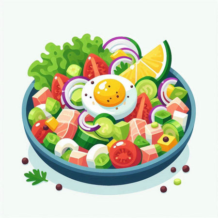 Salad with salmon, tomato, onion, cucumber and eggs. Vector illustrationのイラスト素材