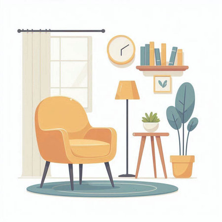 Living room interior with armchair, bookshelf, plant and clock. Vector illustrationのイラスト素材