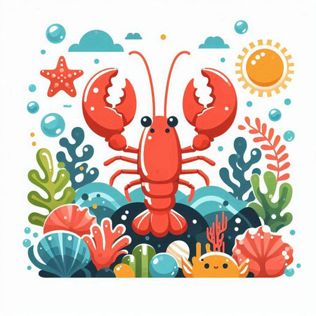 Lobster in the sea. Cute cartoon vector illustration.のイラスト素材