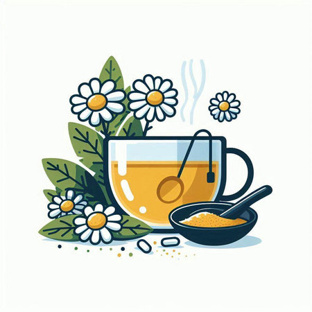Cup of herbal tea with chamomile flowers. Vector illustration.のイラスト素材