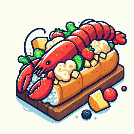 Illustration of a lobster on a sushi roll with cream cheese.のイラスト素材