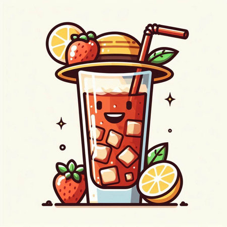 Cocktail with strawberries and lemon. Vector illustration in cartoon style.のイラスト素材