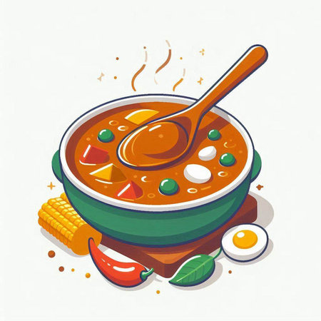 Soup in bowl with spoon on white background. Vector illustration.のイラスト素材
