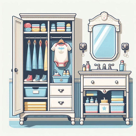 Vector illustration of a dressing room with a mirror and a wardrobe.のイラスト素材