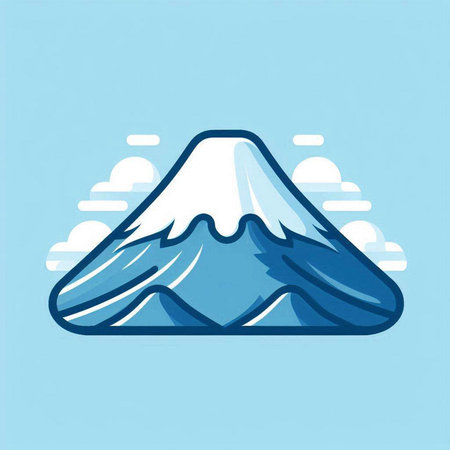 Mountain icon with clouds on a blue background. Vector illustration.のイラスト素材