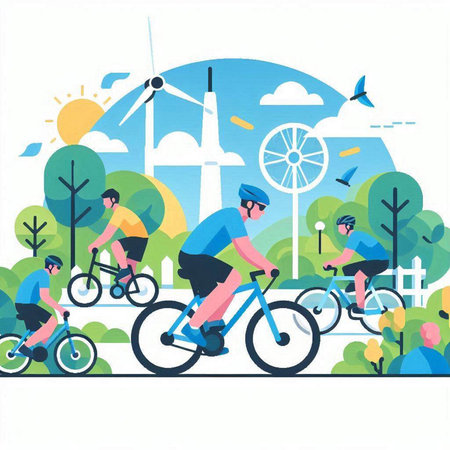 Vector illustration of people riding bicycles in the park. Flat style.のイラスト素材