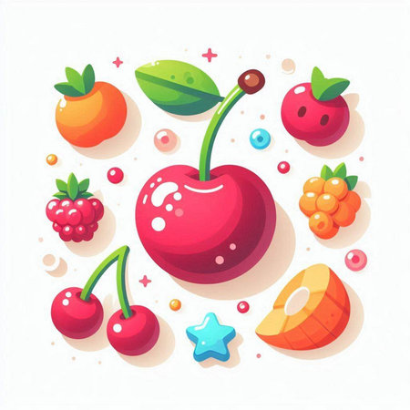 Cherry and berry vector illustration in flat style. Juicy fruit on white background.のイラスト素材