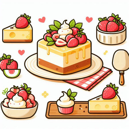 Strawberry cake and dessert icon set. Vector cartoon illustration.のイラスト素材