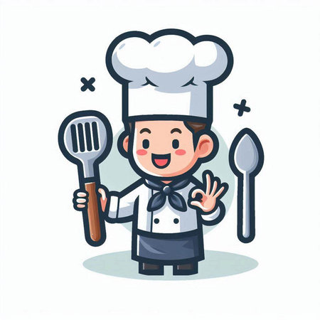 Chef boy with spoon and ladle cartoon character vector illustration.のイラスト素材
