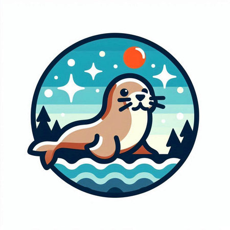 Cute seal on the background of the sea. Vector illustration.のイラスト素材