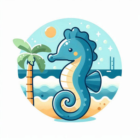 Sea horse on the background of the sea and palm. Vector illustration.のイラスト素材