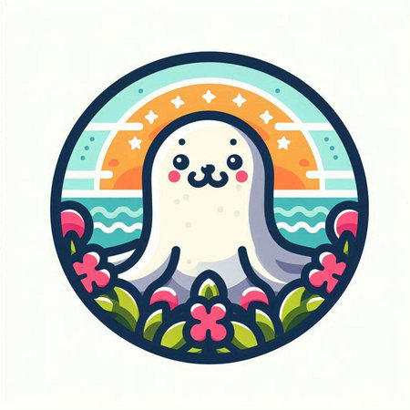 Vector illustration of a cute cartoon ghost in a circle with sun and flowersのイラスト素材