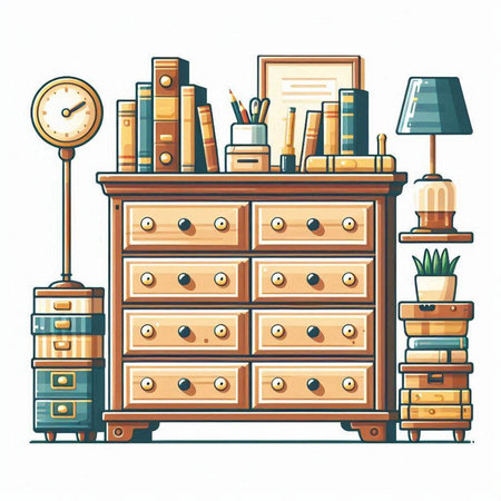 Illustration of a chest of drawers with books, lamps and a clockのイラスト素材