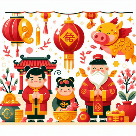Chinese New Year greeting card with cute cartoon characters. Vector illustration.のイラスト素材