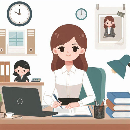 Illustration of a female office worker working on a laptop at her deskのイラスト素材