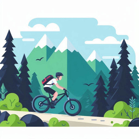 Cyclist riding on mountain bike. Vector illustration in flat styleのイラスト素材