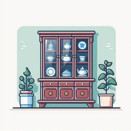 Cabinet with dishes and cups. Flat style vector illustration.のイラスト素材