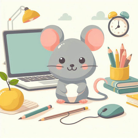 Cute mouse with laptop and stationery. Vector illustration in cartoon style.のイラスト素材