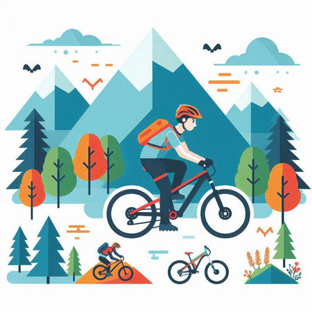 Cyclist in the mountains. Vector illustration in flat style.のイラスト素材