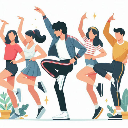 Group of young people dancing and having fun. Flat vector illustration.のイラスト素材